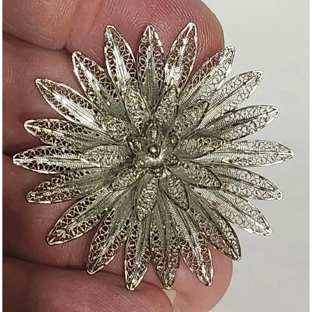 Vintage Van Lou Sterling Silver Filigree Flower Large Statement Pin Brooch